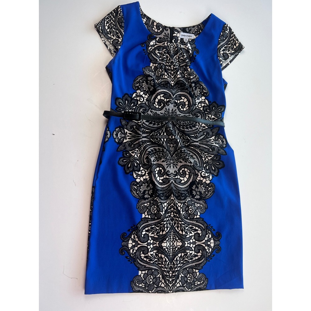 Shelby‎ & Palmer Womens Blue Black Lace Print Sheath Dress Belted Size 10